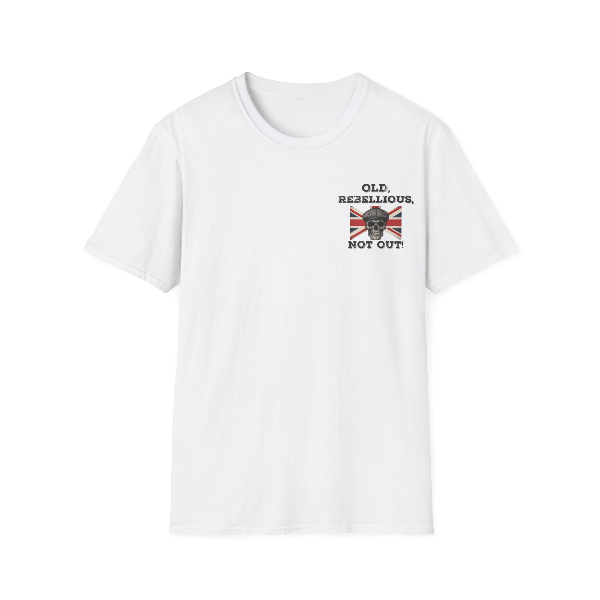  Smiling skull, man image on  a white T-shirt with British flag pocket print that reads “Old, Rebellious, Not Out” with a skull graphic.