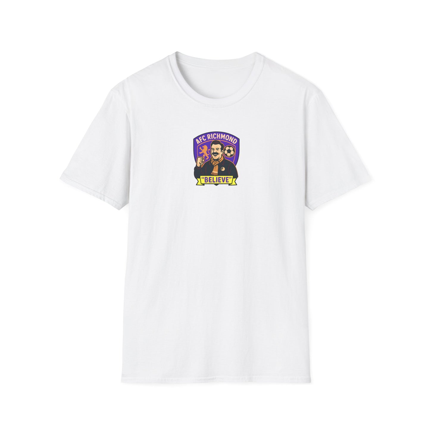 White t-shirt with a colourful graphic, AFC Richmond believe on a white background 