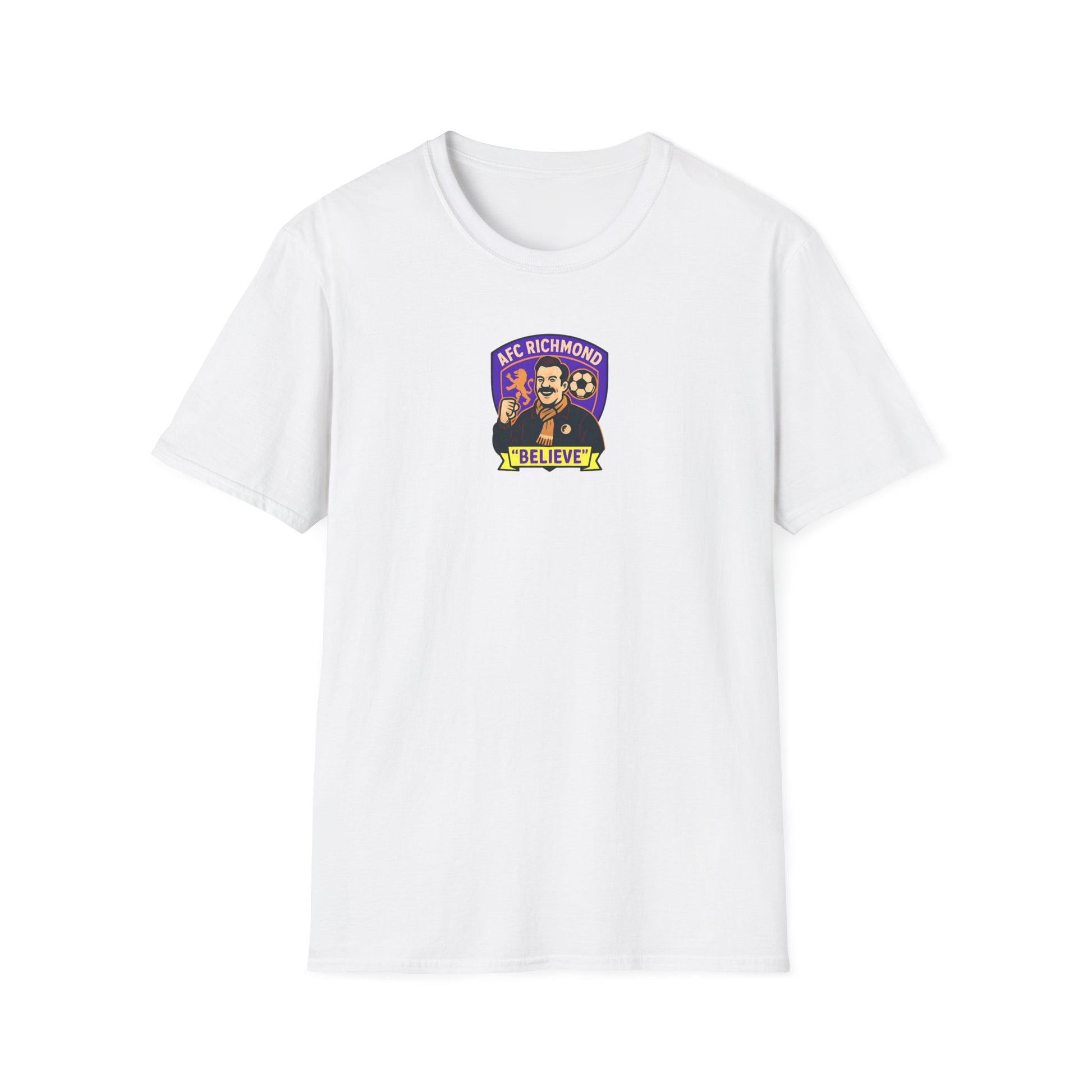 White t-shirt with a colourful graphic, AFC Richmond believe on a white background 