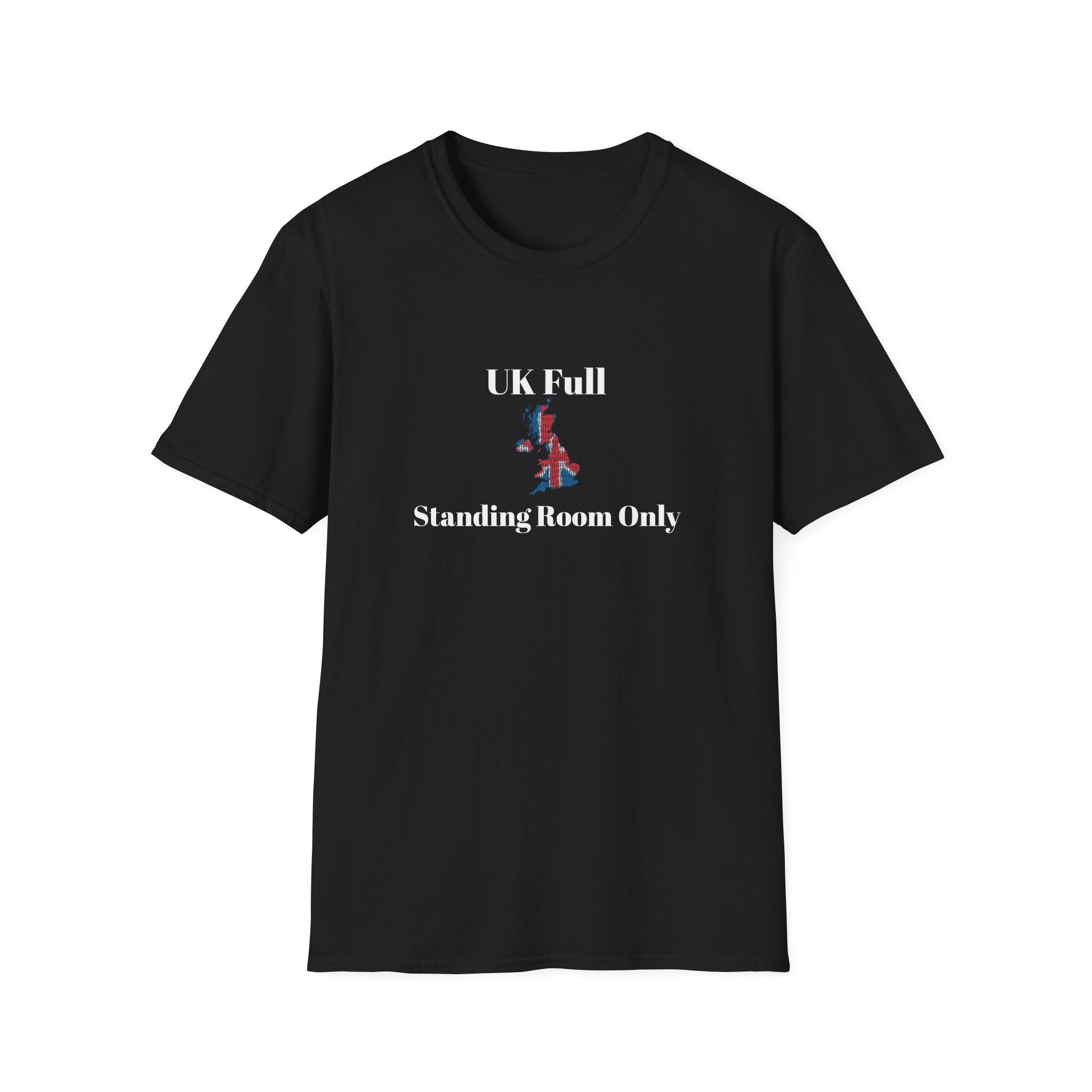 Black t shirt with a bold UK outline packed tight in Union Jack colours, text reads UK full, standing room only