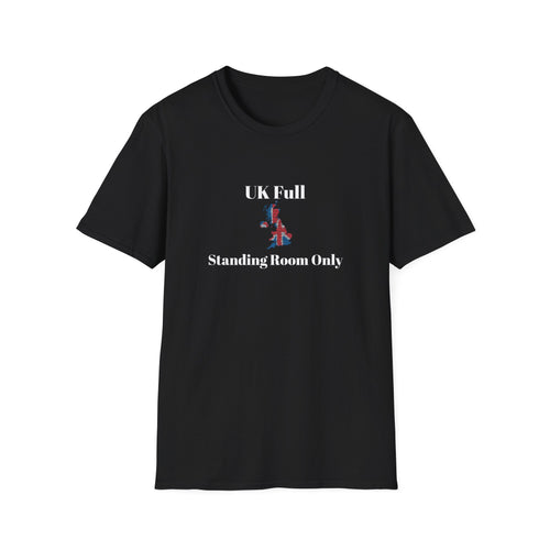 Black t shirt with a bold UK outline packed tight in Union Jack colours, text reads UK full, standing room only