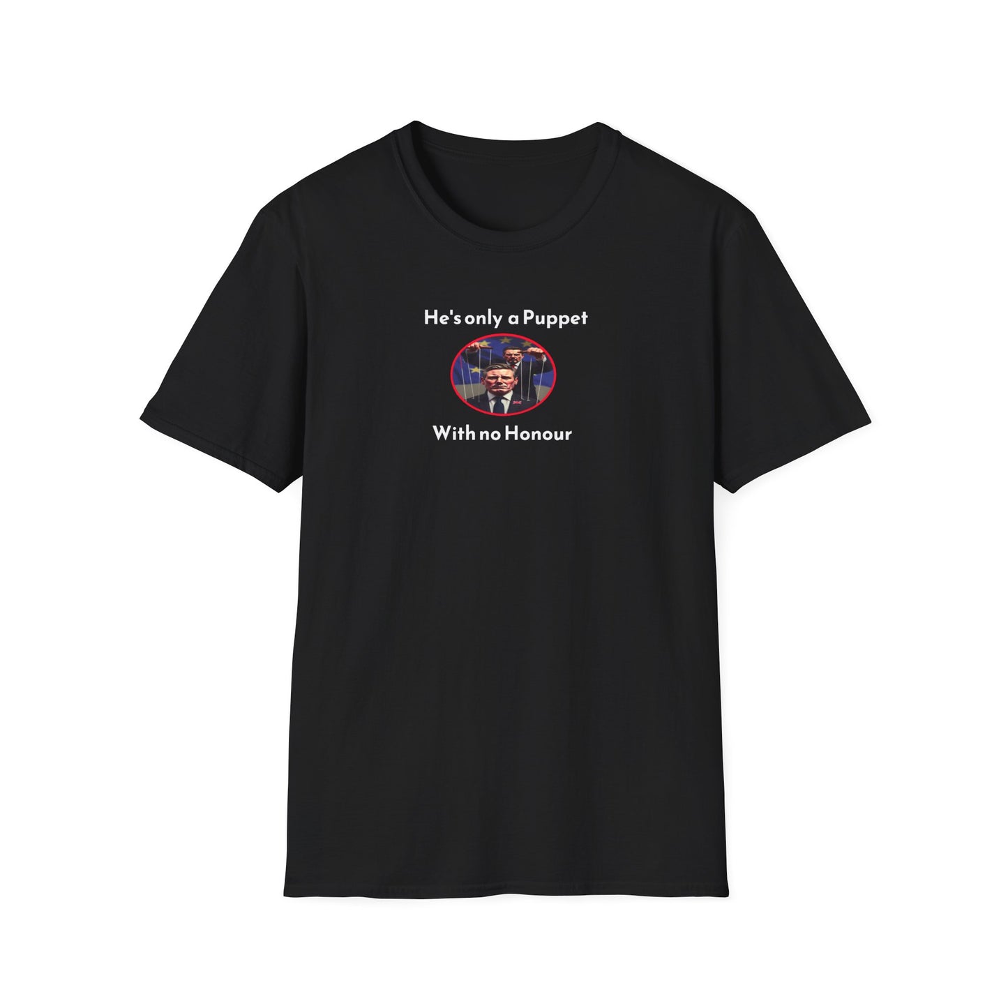 Black t-shirt with a graphic and text on a white background