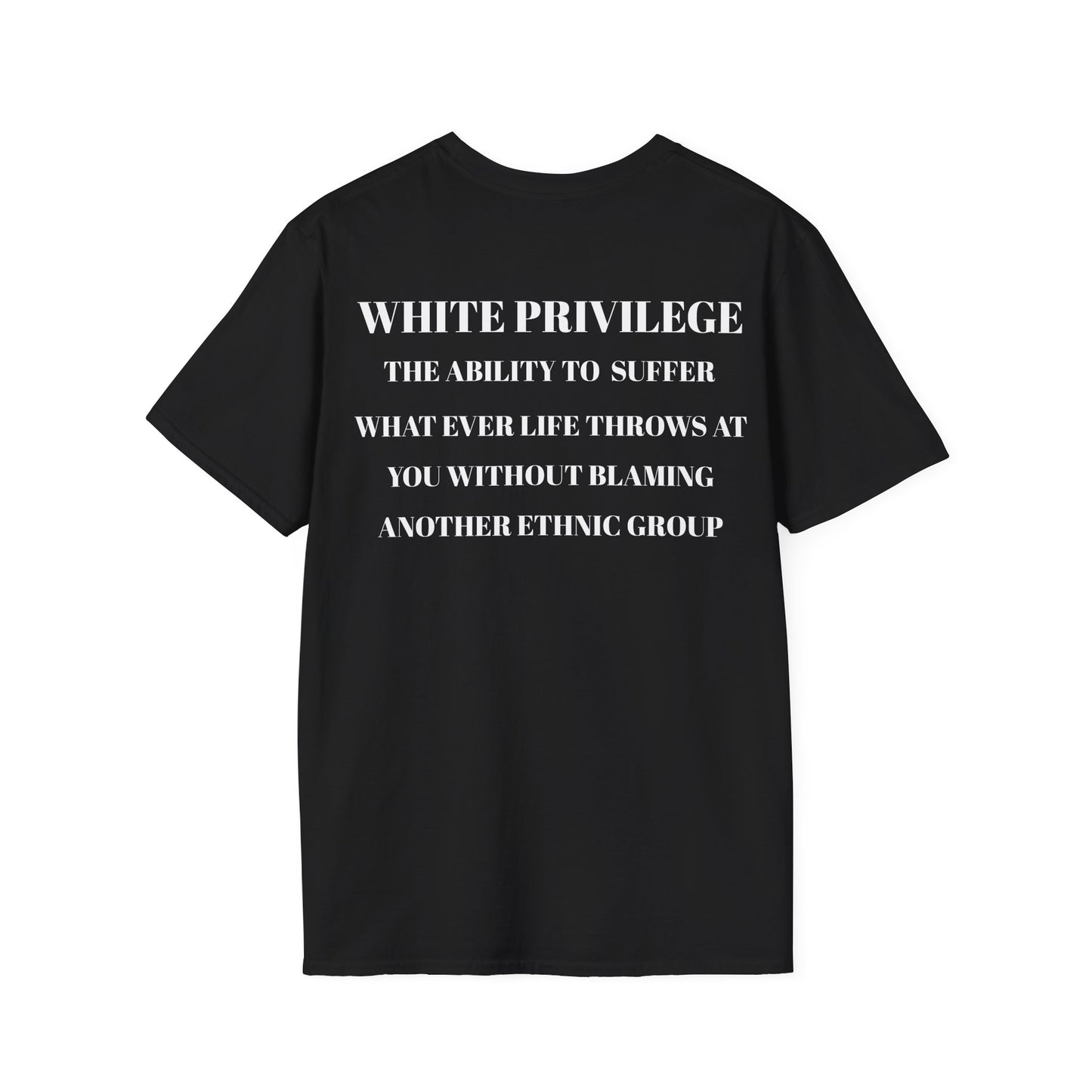 Black t-shirt with white text on a white background