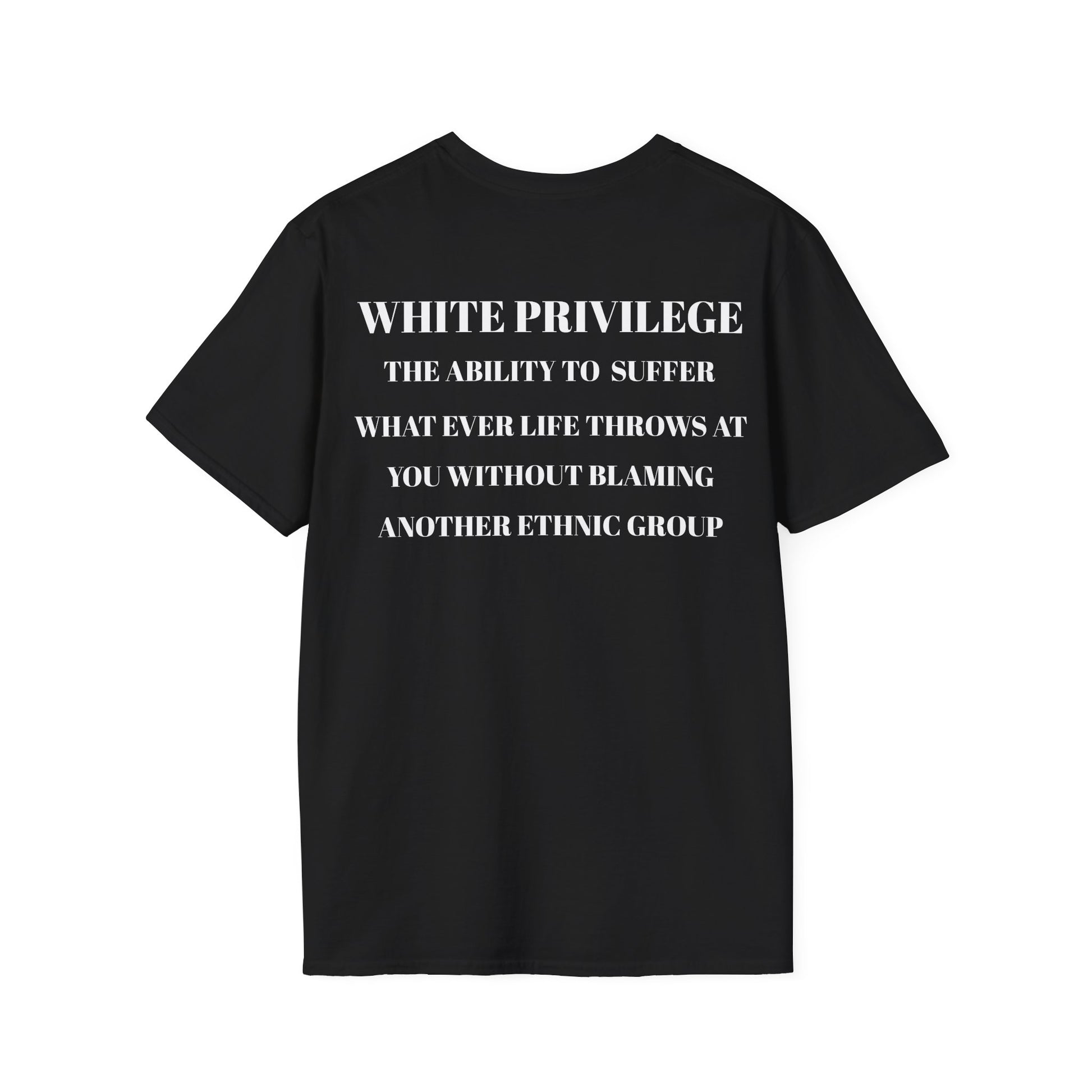 Black t-shirt with white text on a white background