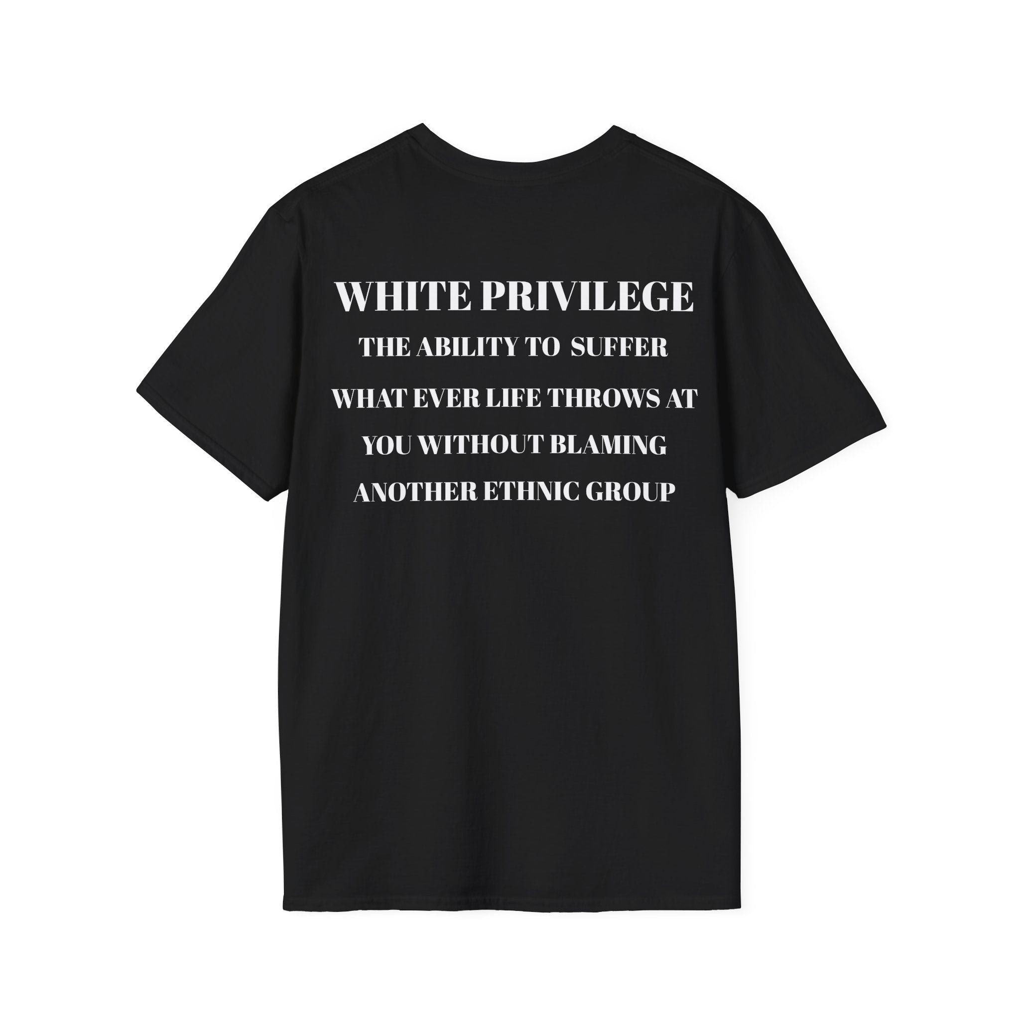 Black t-shirt with white text on a white background