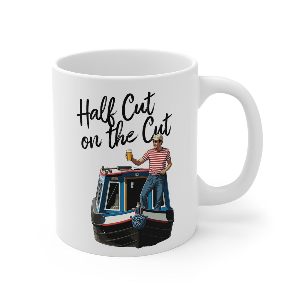 Mug with a graphic of a man on a boat and text 'Half Cut on the Cut' on a white background