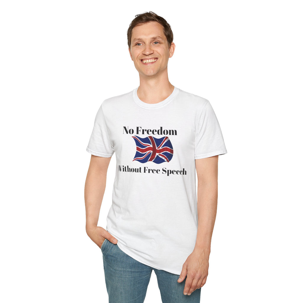 Person wearing a white t-shirt with a British flag and text no freedom without free speech on a white background