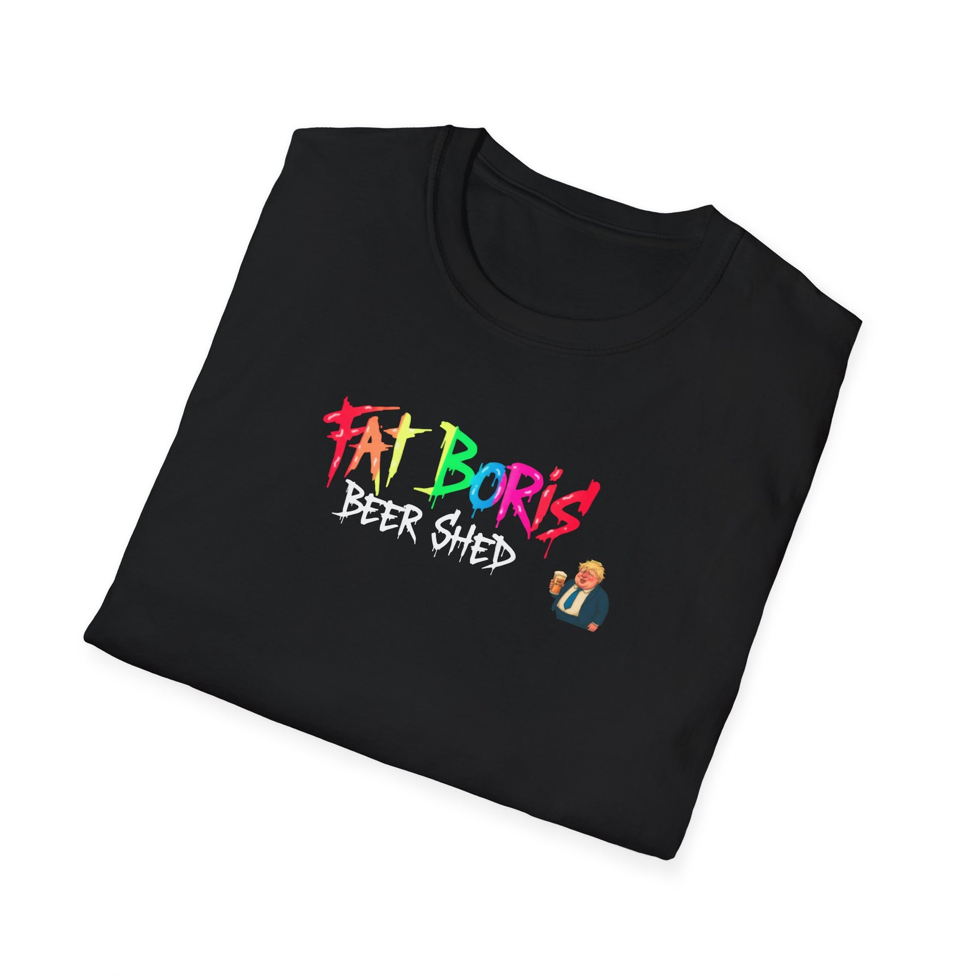 Folded Black Fat Boris Beer Shed Colourful Logo T-Shirt
