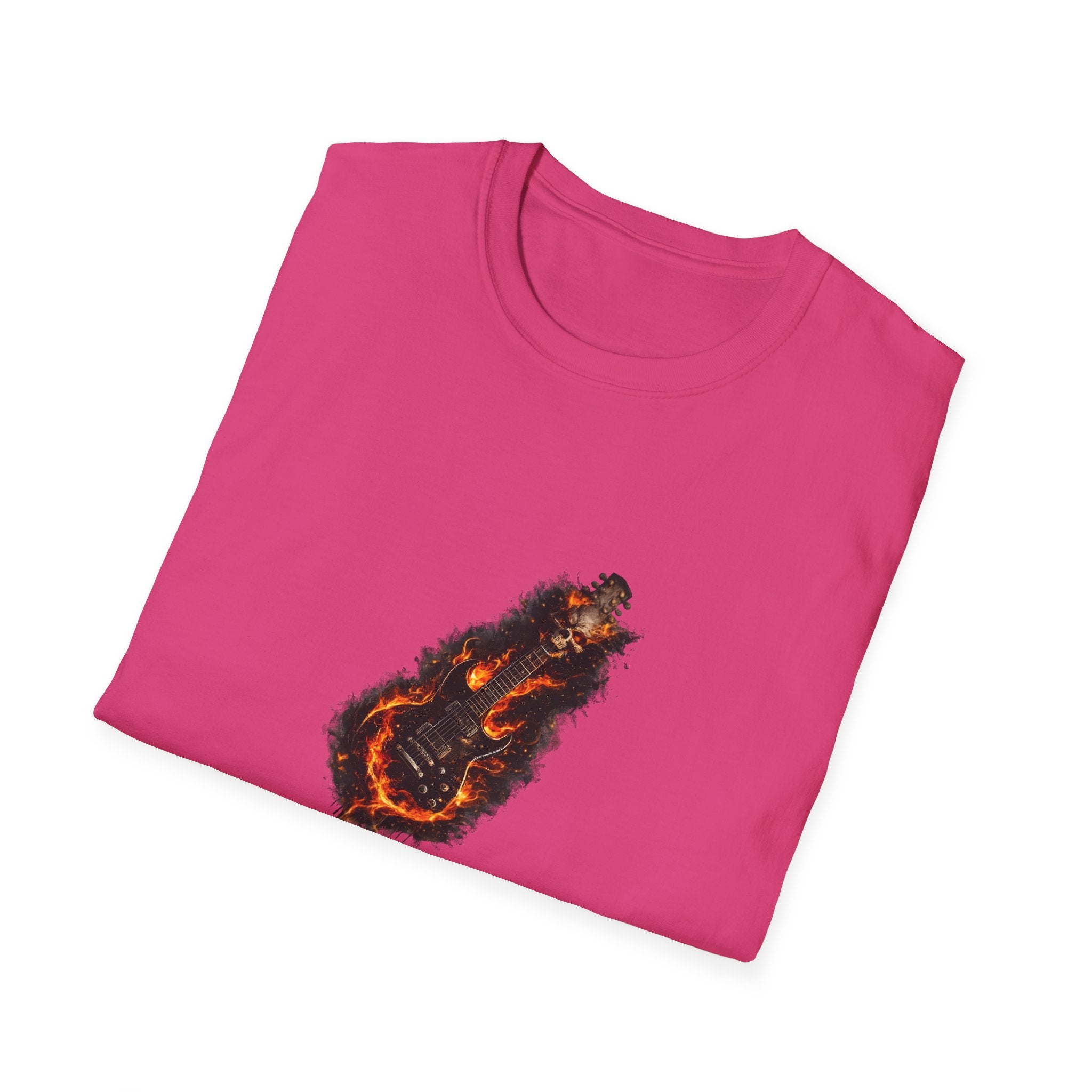 Flaming skull guitar heavy metal design with fire flames wrapping around electric guitar body