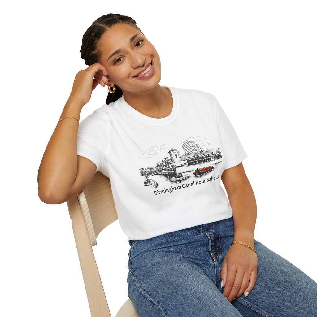  Birmingham Canal Roundabout T-shirt featuring a classic narrowboat illustration. Perfect for canal lovers, boaters, and Birmingham history fans.