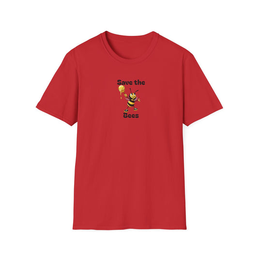 Red t-shirt with a bee graphic and text on a white background