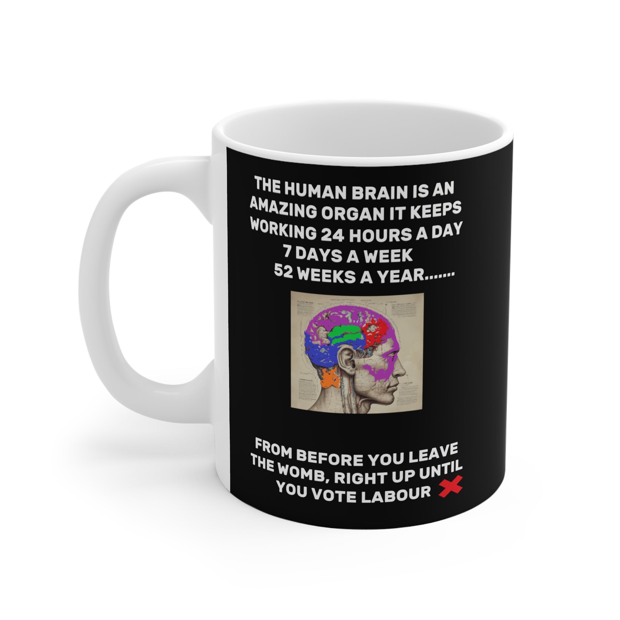  Political satire protest Mug features a design of a human brain with the text 'human brain works OK until you vote labour.'