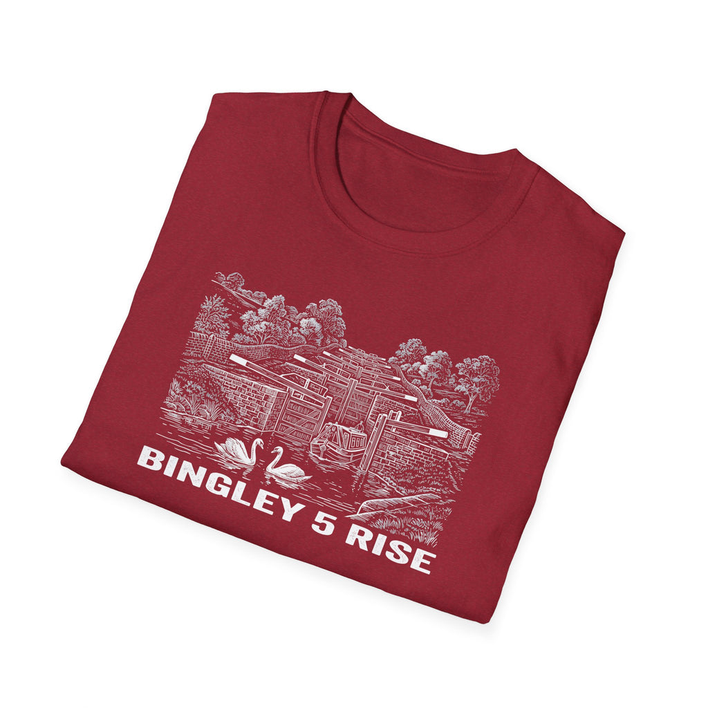 Folded red t-shirt with white graphic and text 'Bingley 5 Rise' on a white background
