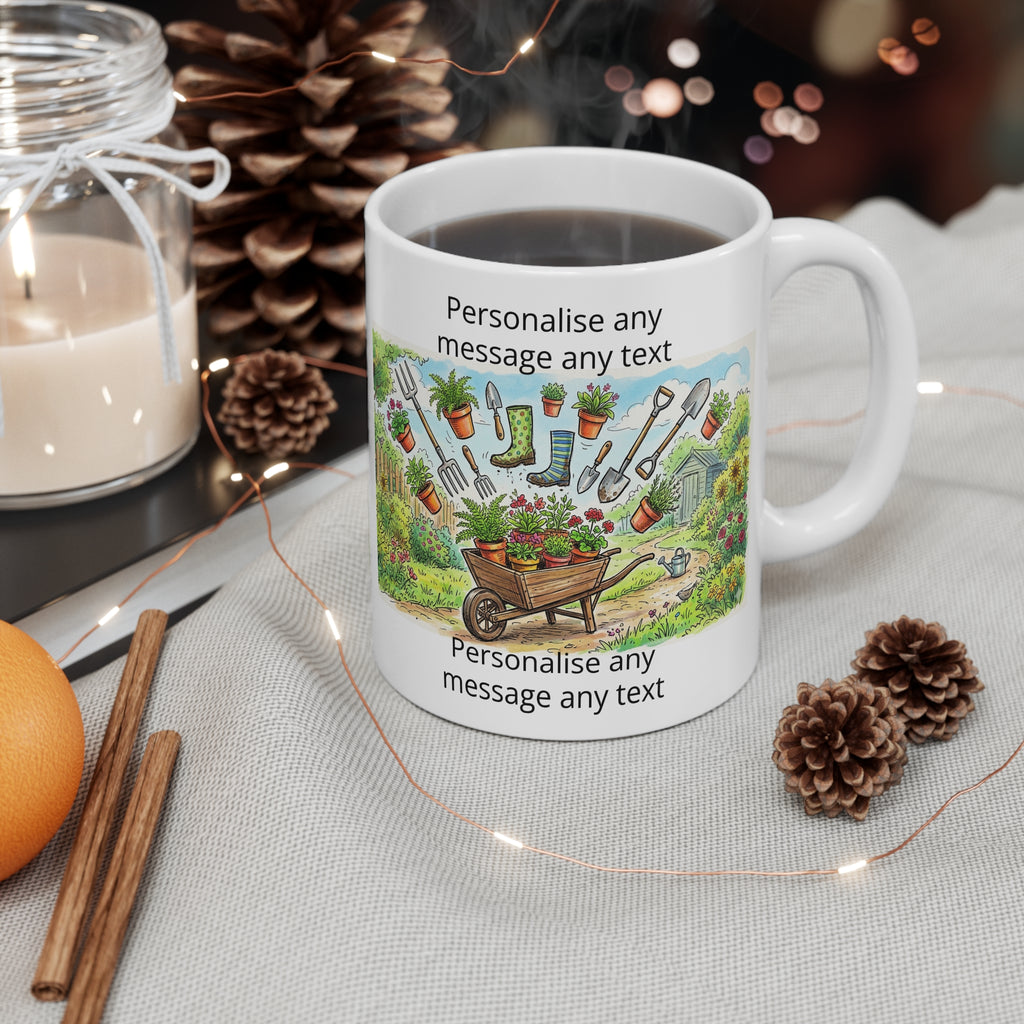 Gardening Mug — Personalised Wheelbarrow & Tools Coffee Cup (Add Your Text) Printify
