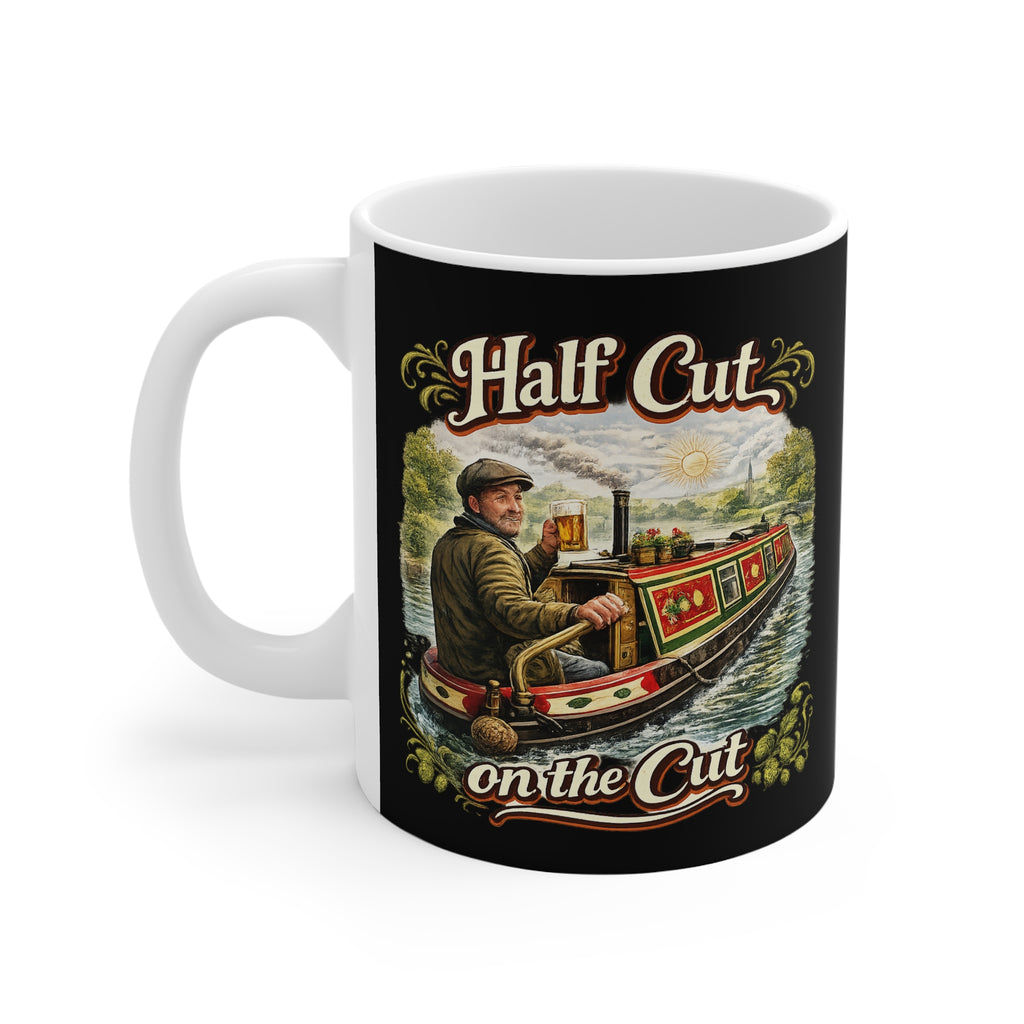 Mug with a design of a man on a boat and text 'Half Cut on the Cut' on a black background