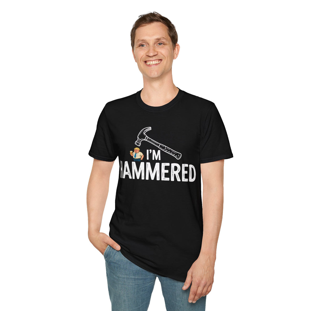 Person wearing a black t-shirt with I'm hammered with fat boris cartoon figure on a white background