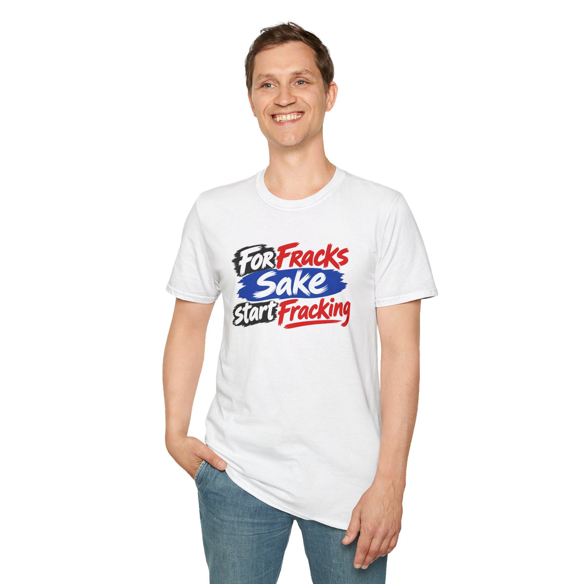 Person wearing a white t-shirt with a graphic design on a white background
