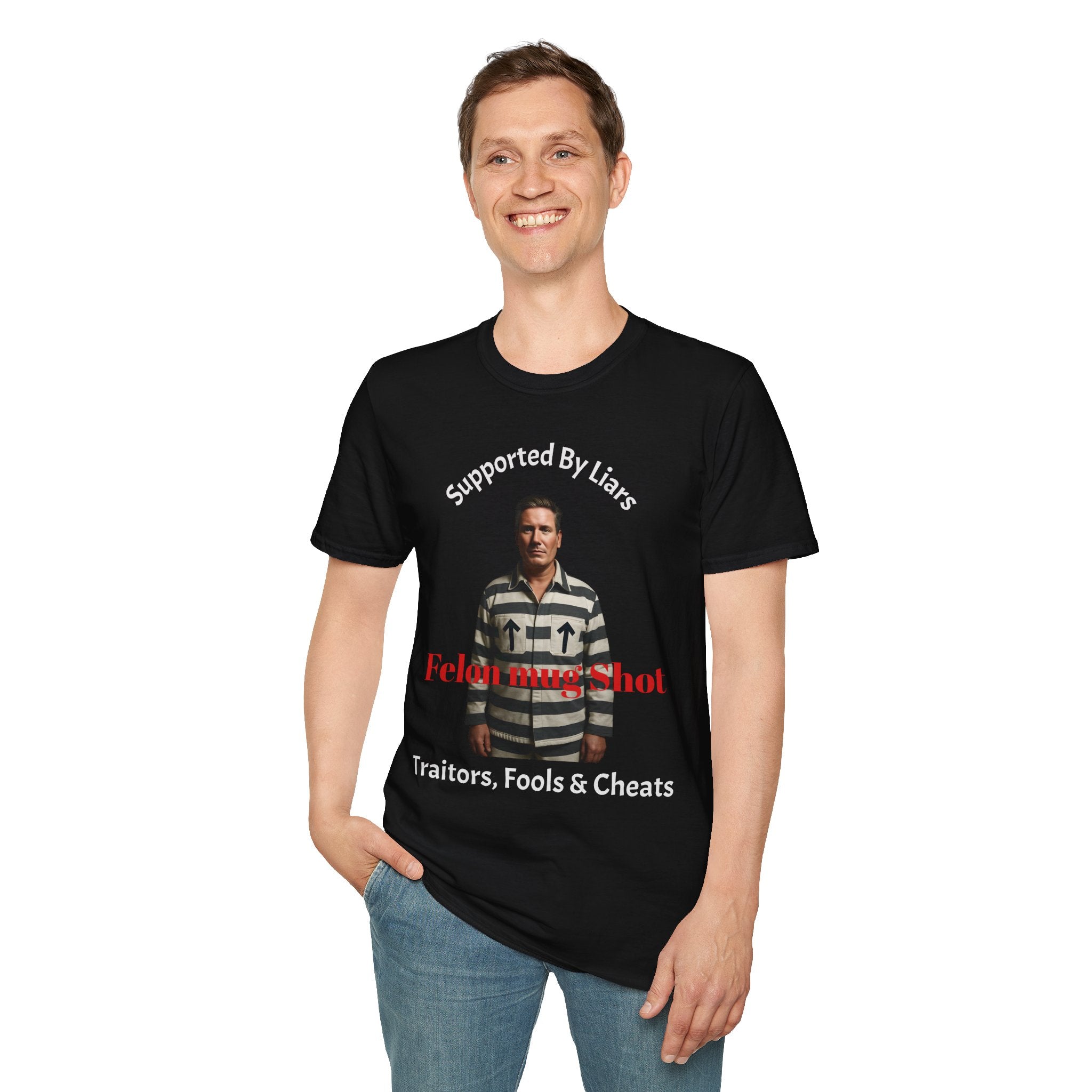 T Shirt with graphic “Kier Starmer Felon tee: Supported By Liars” Political Satire