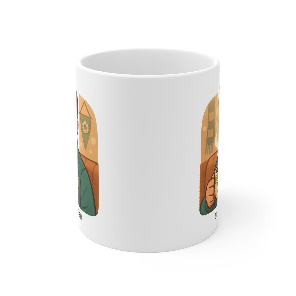 FRONT VIEW COACH LASSO IMAGE WHITE COFFEE UP WITH TEA TIME, BELIEVE TEXT, brown WATER