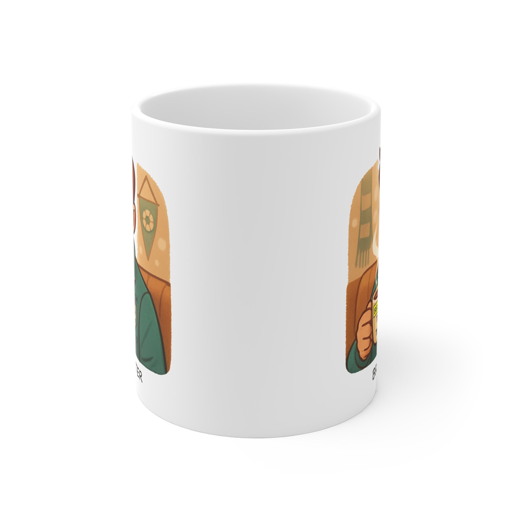 FRONT VIEW COACH LASSO IMAGE WHITE COFFEE UP WITH TEA TIME, BELIEVE TEXT, brown WATER