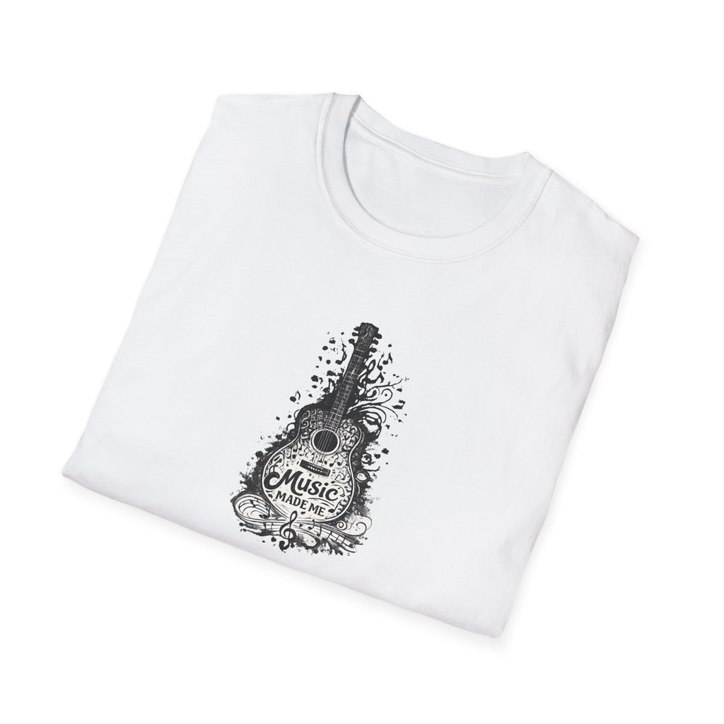 White t-shirt with black guitar graphic and 'Music Made Me' text on a white background