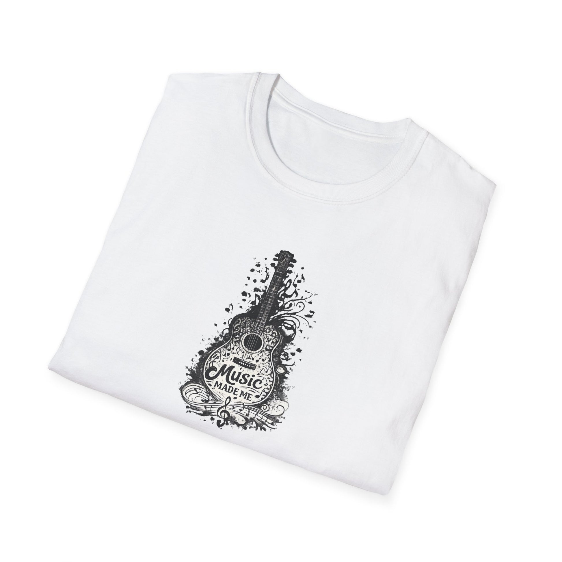 White t-shirt with black guitar graphic and 'Music Made Me' text on a white background