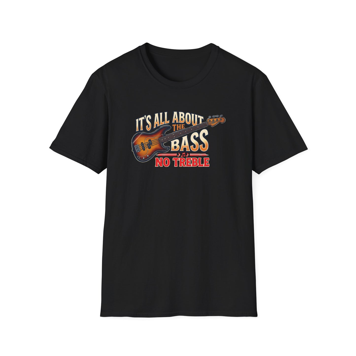 Fat Boris Store product photo of a black crewneck t-shirt featuring a detailed, vintage-style graphic of a sunburst bass guitar with the text "IT'S ALL ABOUT THE BASS NO TREBLE" in retro typography above and below it. The graphic has a distressed, screen-printed texture.