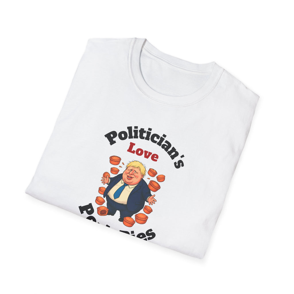 Folded  white t-shirt with a graphic    "politician's love pork pies" design