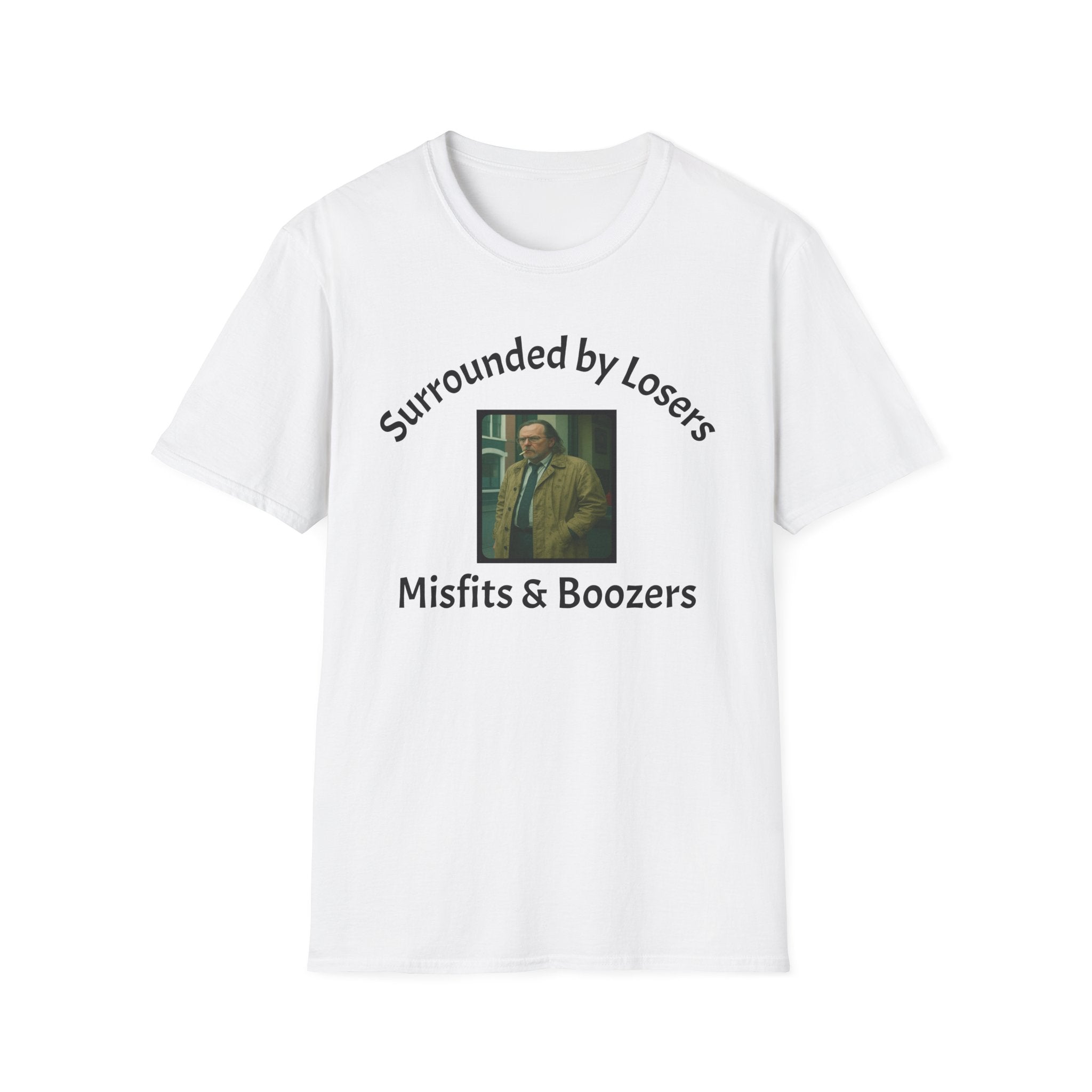  White T-Shirt features a bold design that reads 'slow horses surrounded by Losers, Misfits &amp; Boozers', from the slow horses t v show starring Gary Oldman giving off a rebellious and edgy vibe. 