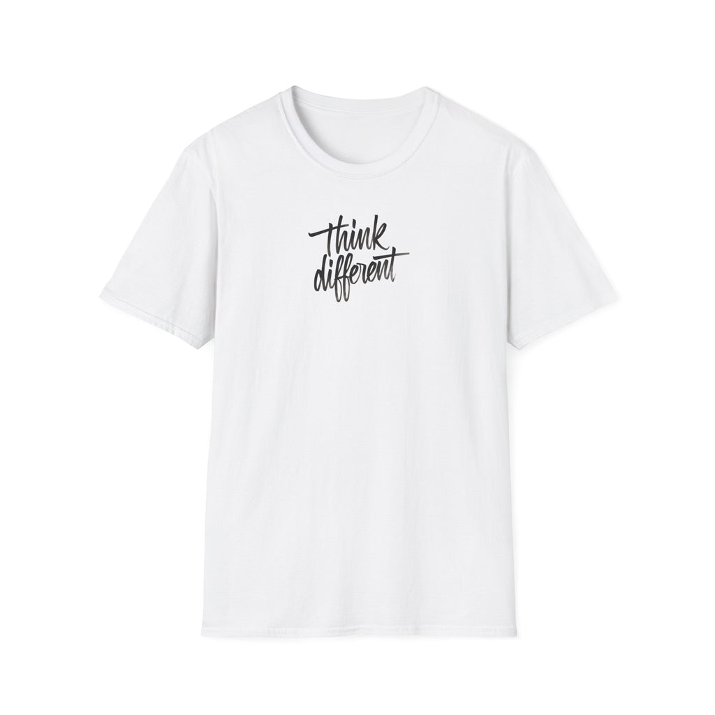 White t-shirt with 'think different' text on a white background