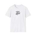 White t-shirt with 'think different' text on a white background
