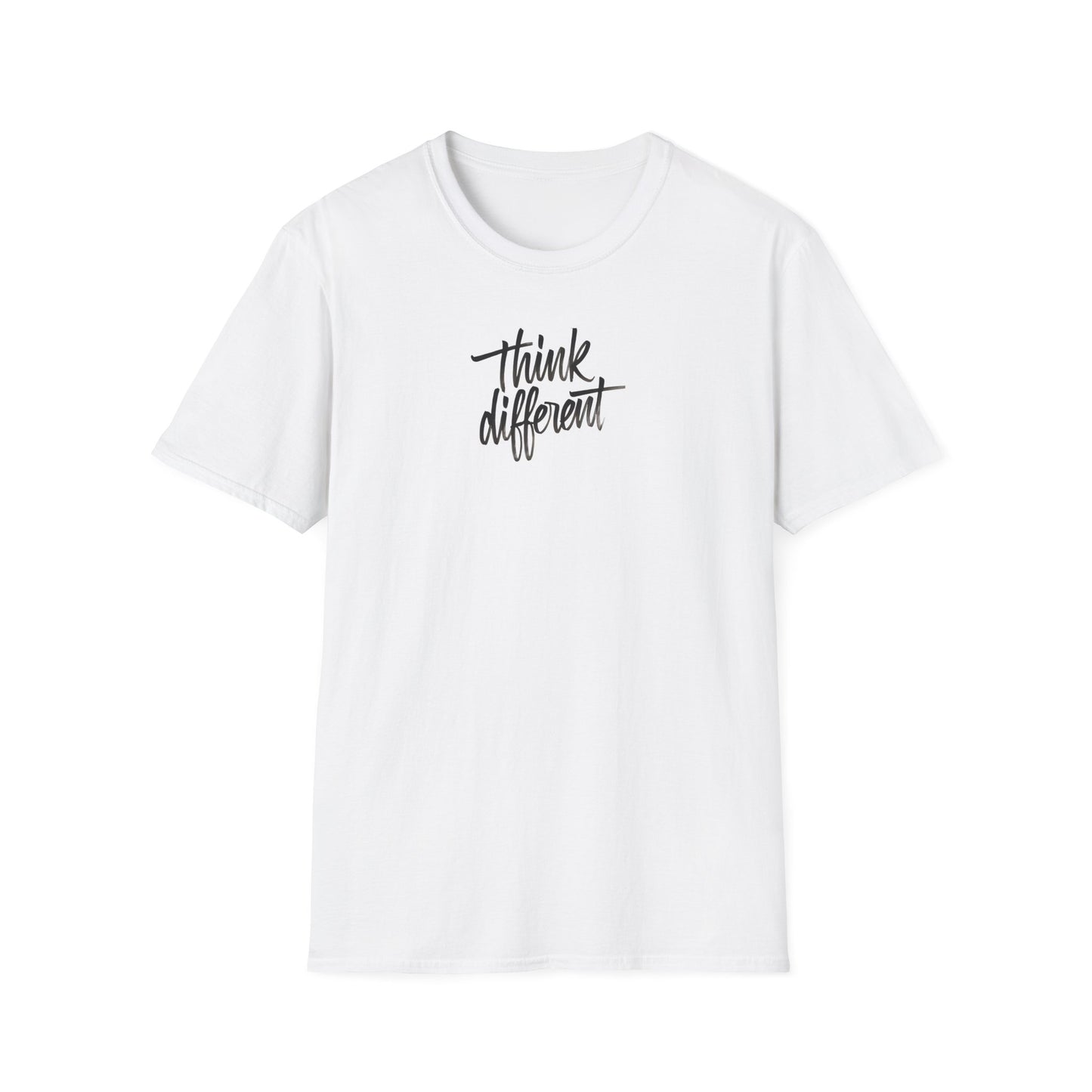 White t-shirt with 'think different' text on a white background