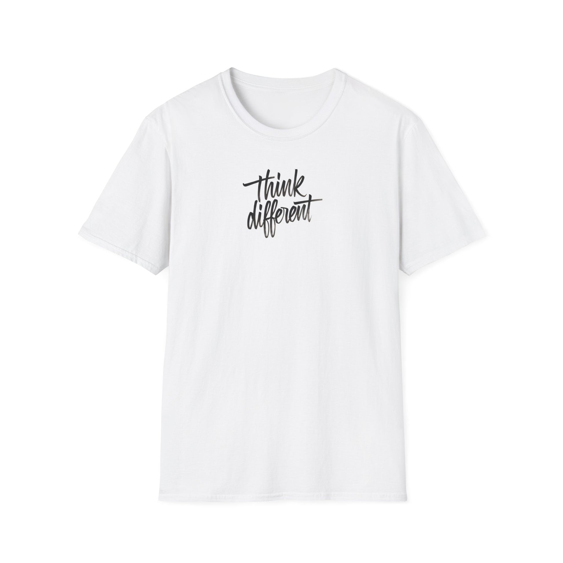 White t-shirt with 'think different' text on a white background