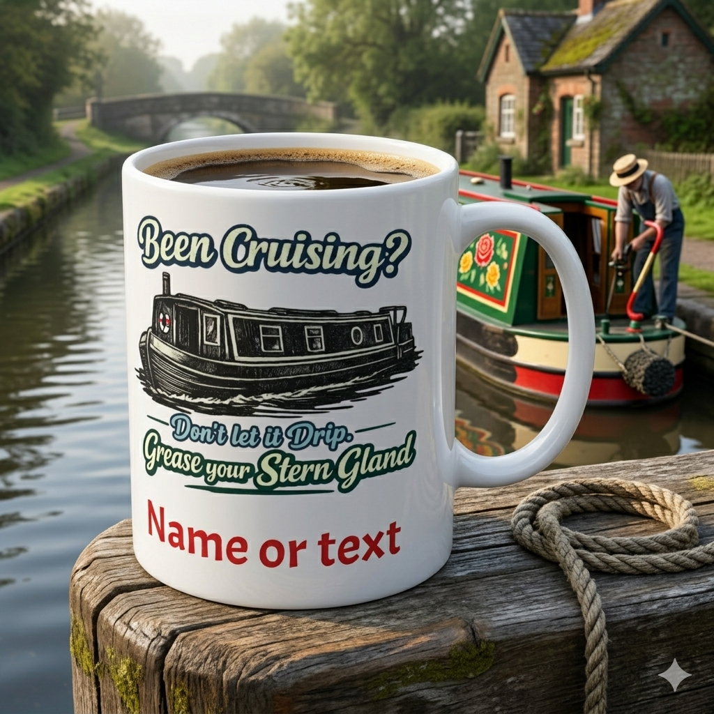 Mug with canal-themed design grease your stern gland on a wooden post by a canal with a boat in the background