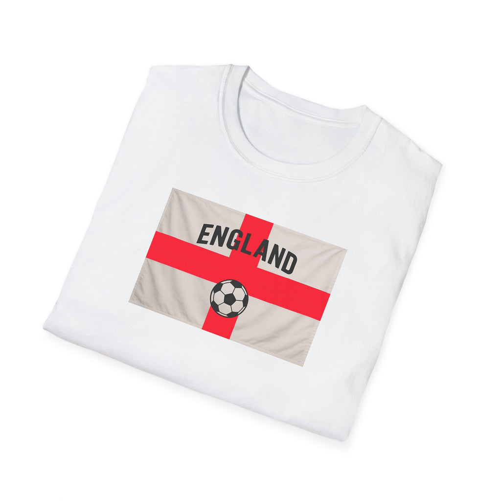 folded White t-shirt with England flag and soccer ball design on a white background