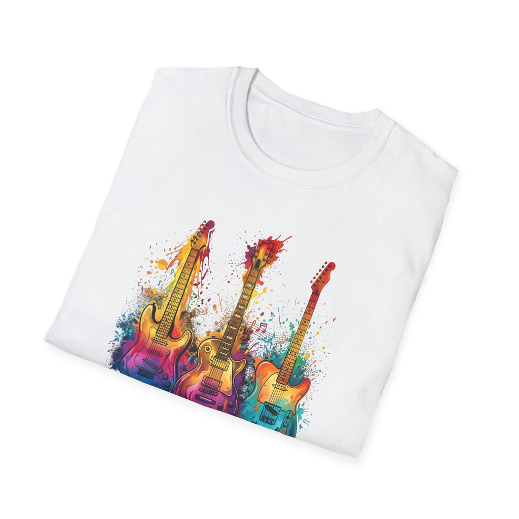Vivid Paint Splash Design Three Guitars Trio T-Shirt — Colourful  Musical Instrument Tee