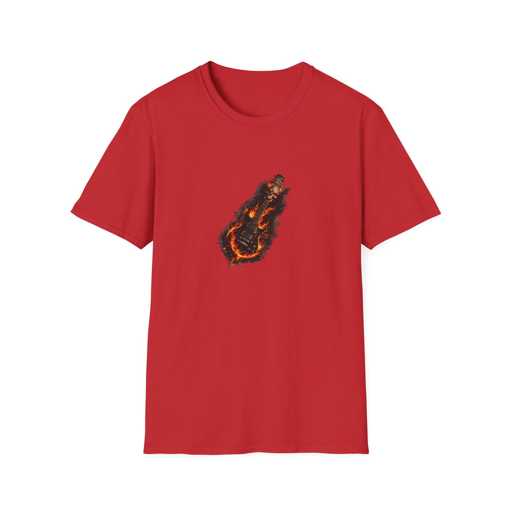 Flaming skull guitar heavy metal design with fire flames wrapping around electric guitar body