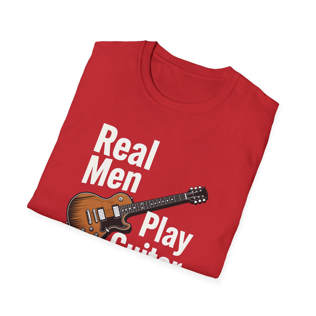 Red t-shirt with a guitar graphic and text on a white background