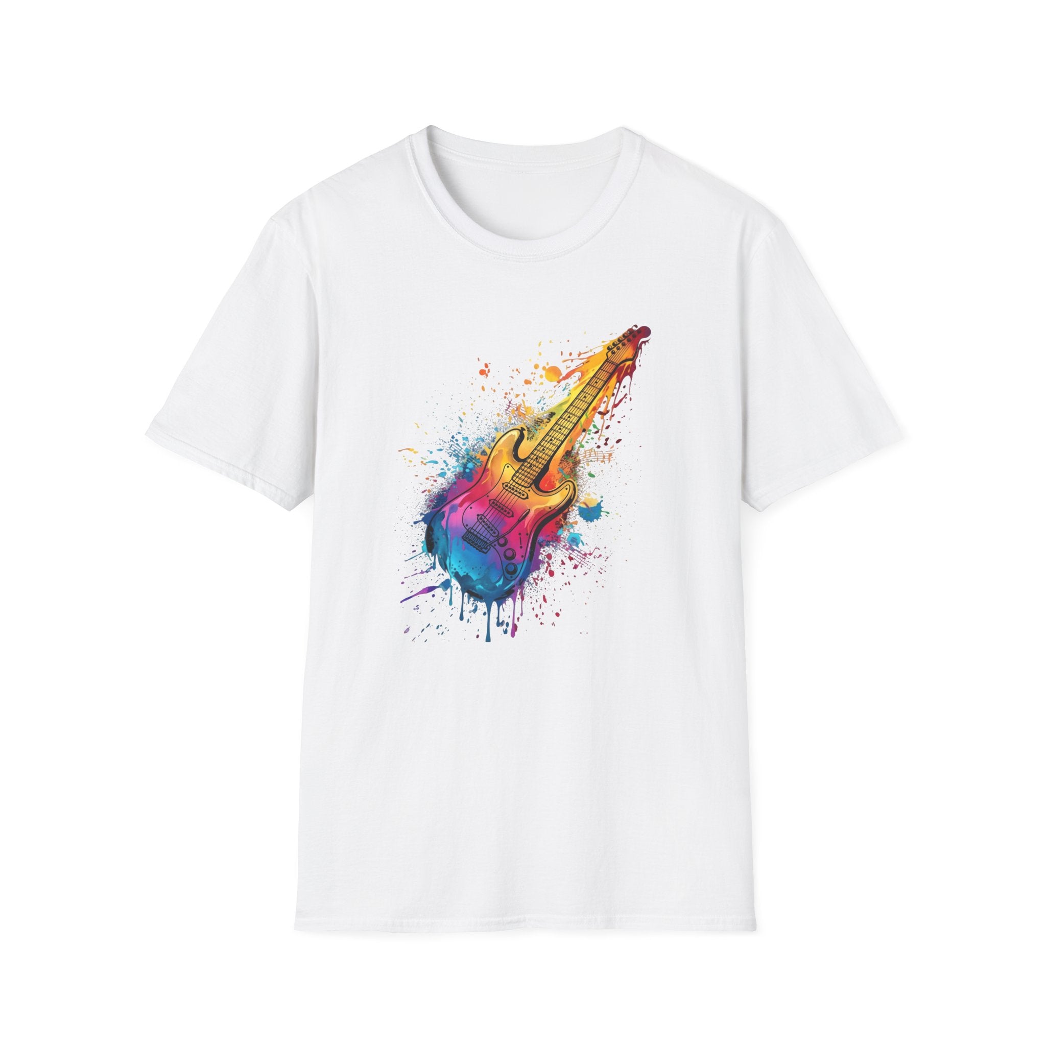 White t-shirt with a colorful guitar graphic on a white background