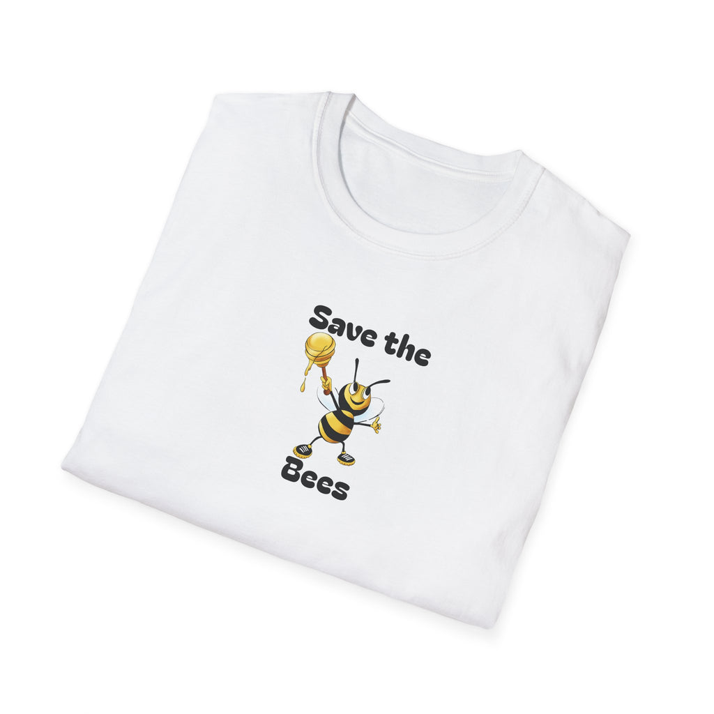 White t-shirt with a bee graphic and 'Save the Bees' text on a white background