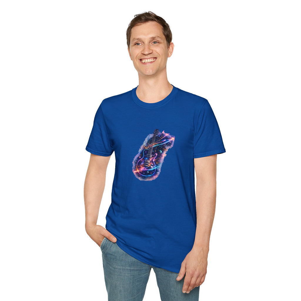 Cosmic guitar design with galaxy planets stars and neon shooting star strings for music lover t shirt