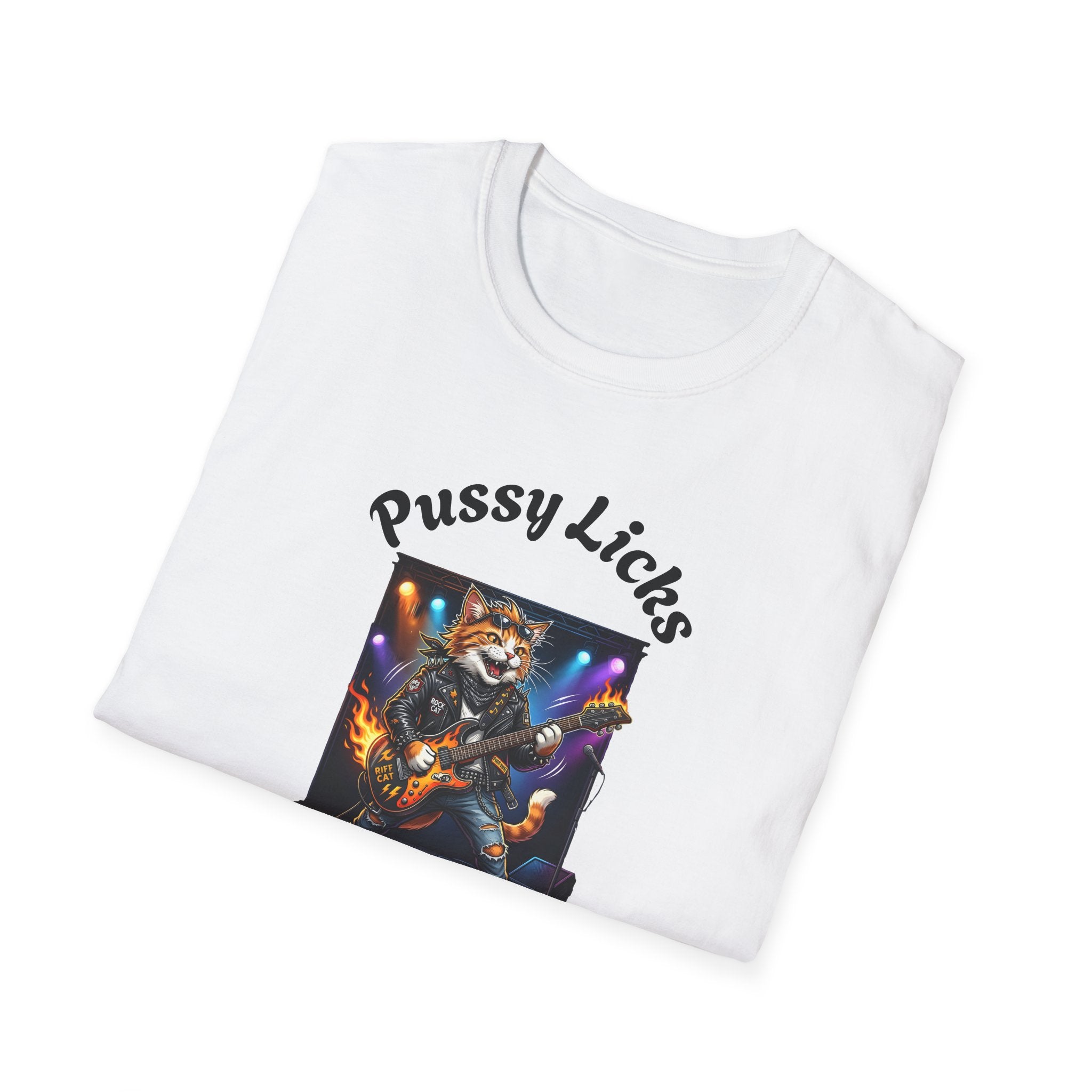 T-Shirt — "Pussy Licks" Rock Cat Guitarist Graphic Tee Printify