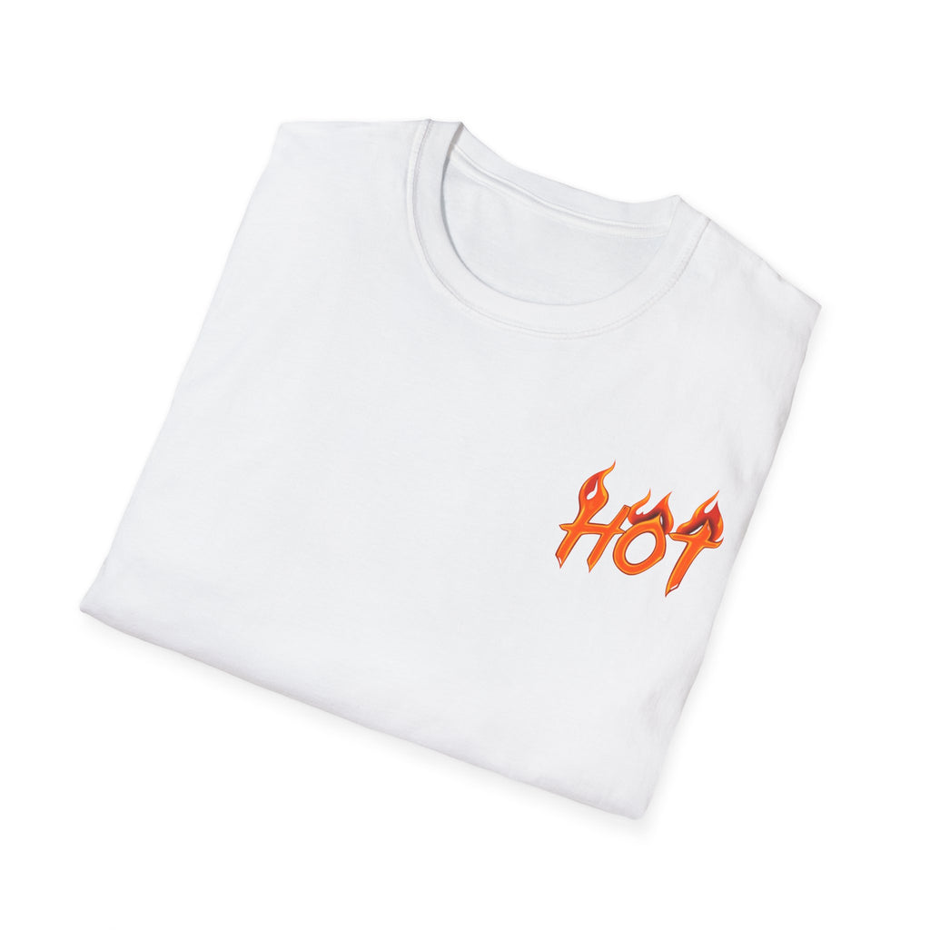 Folded White t-shirt with orange 'HOT' logo on a white background