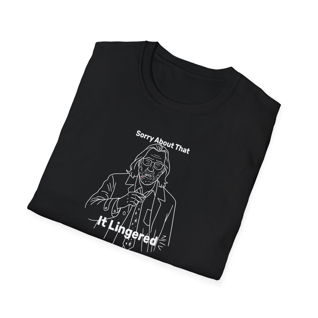 Folded Gary Oldman AS Jackson Lamb Unisex Softstyle black T-Shirt, TV Show Line Drawing, sorry about that it lingered