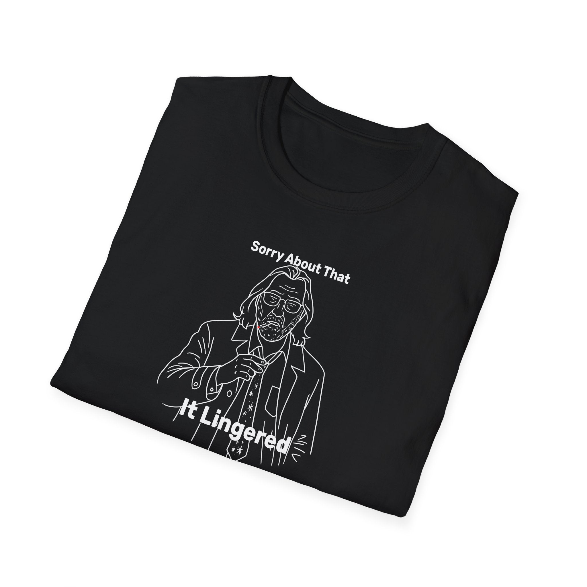 Folded Gary Oldman AS Jackson Lamb Unisex Softstyle black T-Shirt, TV Show Line Drawing, sorry about that it lingered