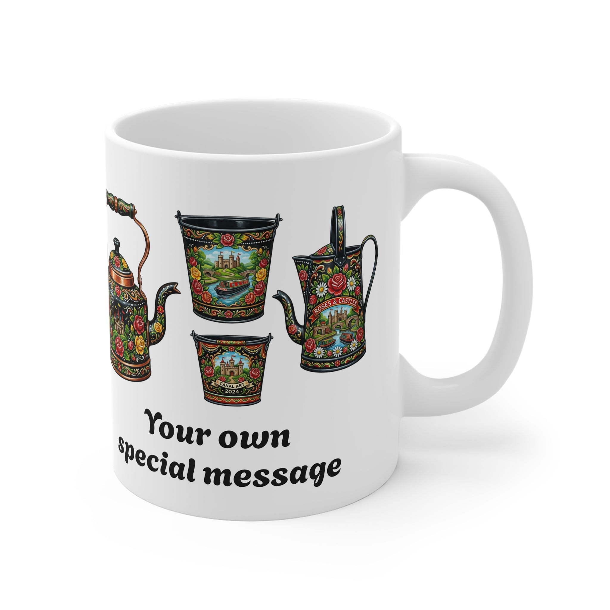 Custom  personalised 11oz Coffee Mug with Traditional Canal Roses and Castles Art 