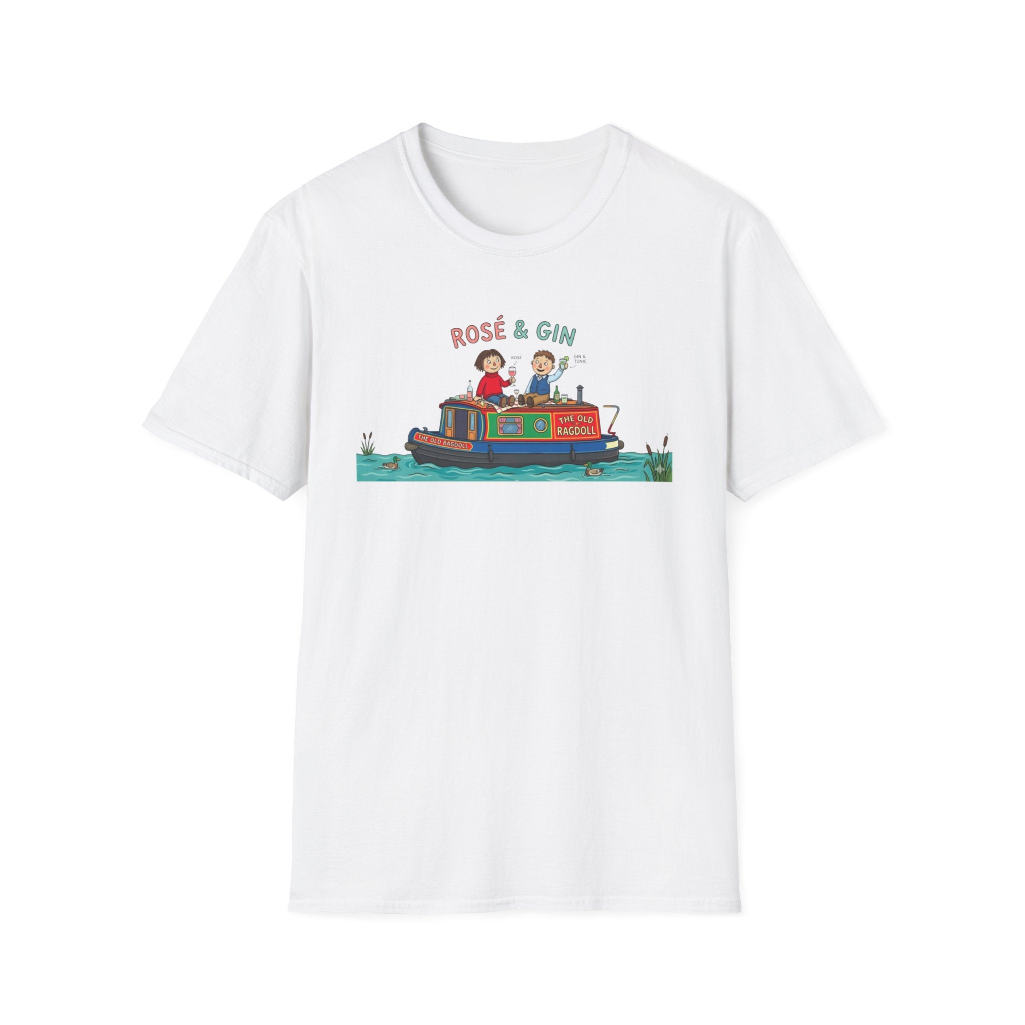White t-shirt with a colorful graphic of two people on a boat and 'Rosé & Gin' text, on a white background.