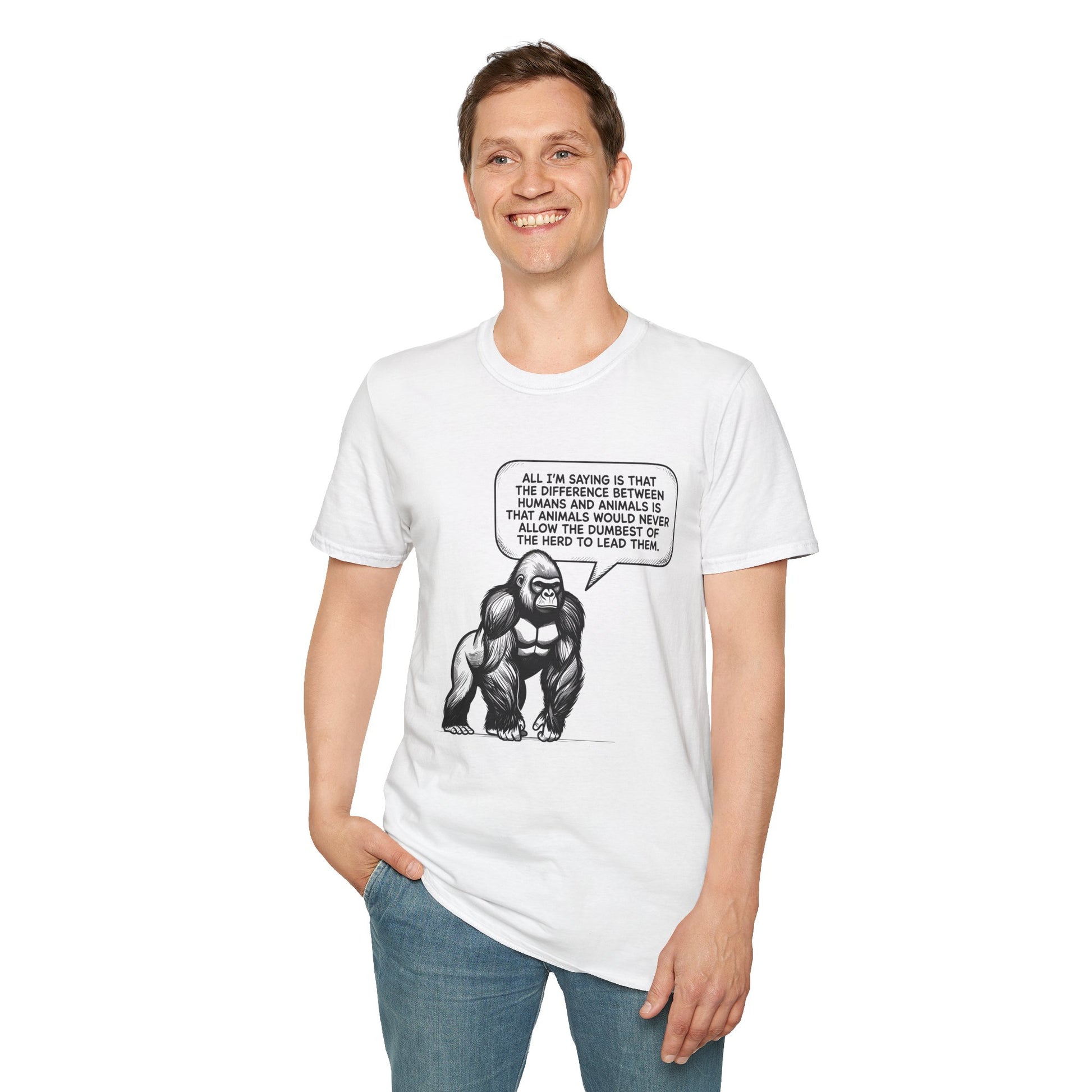 Political Satire Gorilla T-Shirt - "Dumbest of the Herd" Funny Quote Tee | Gildan Softstyle Unisex Shirt Printify