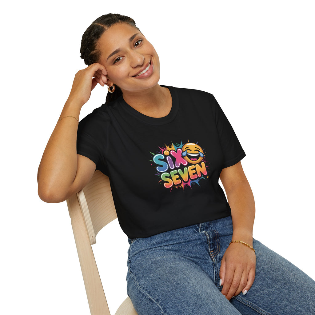 Woman wearing black Graphic Tee - 6 7 Meme with Laughing Emoji Design