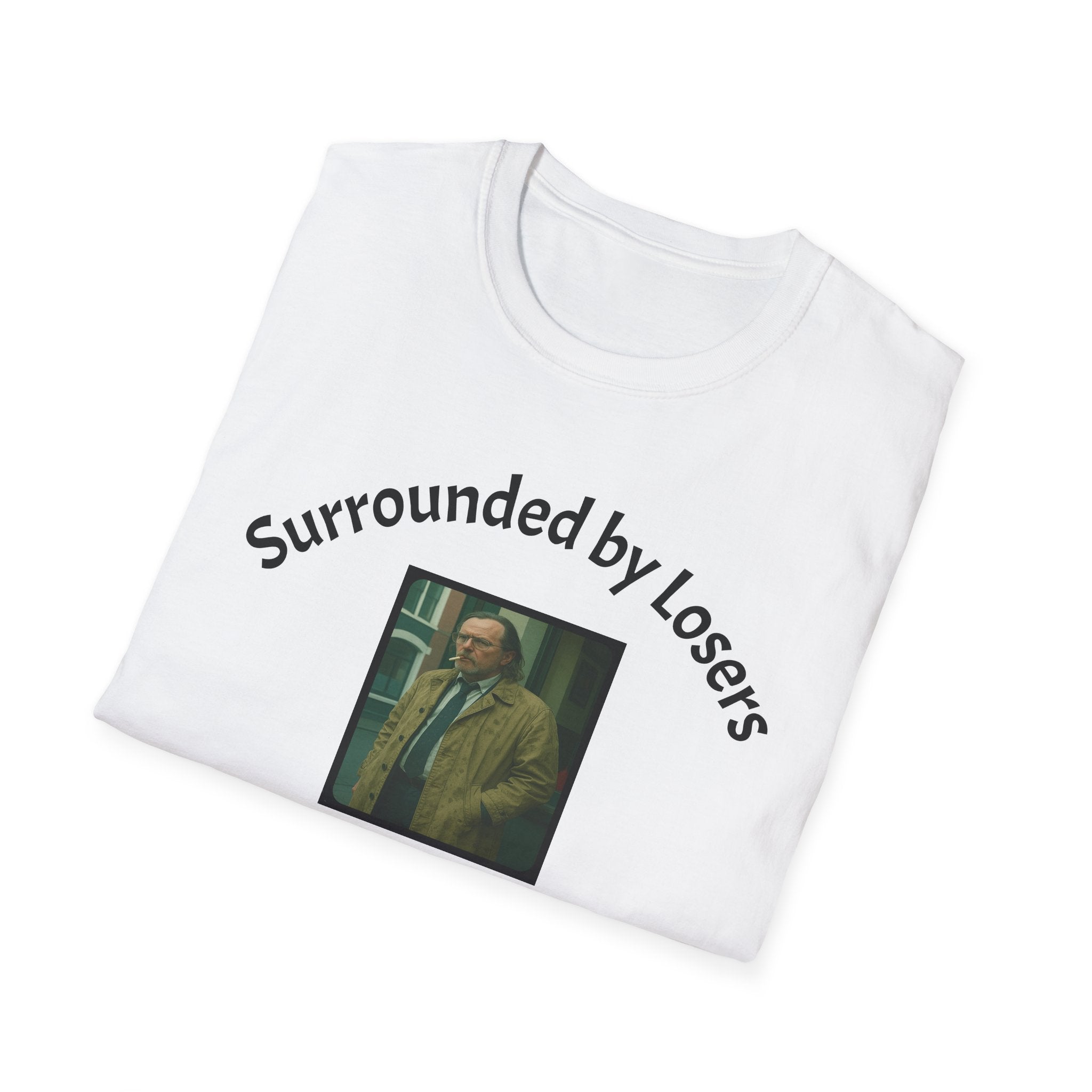 Folded   White T-Shirt features a bold design that reads 'slow horses surrounded by Losers, Misfits &amp; Boozers', from the slow horses t v show starring Gary Oldman giving off a rebellious and edgy vibe. 